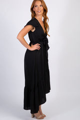 Black Tie Front Ruffle Hi-Low Hem Maxi Dress