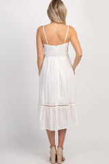 White V-Neck Front Button Eyelet Maternity Midi Dress