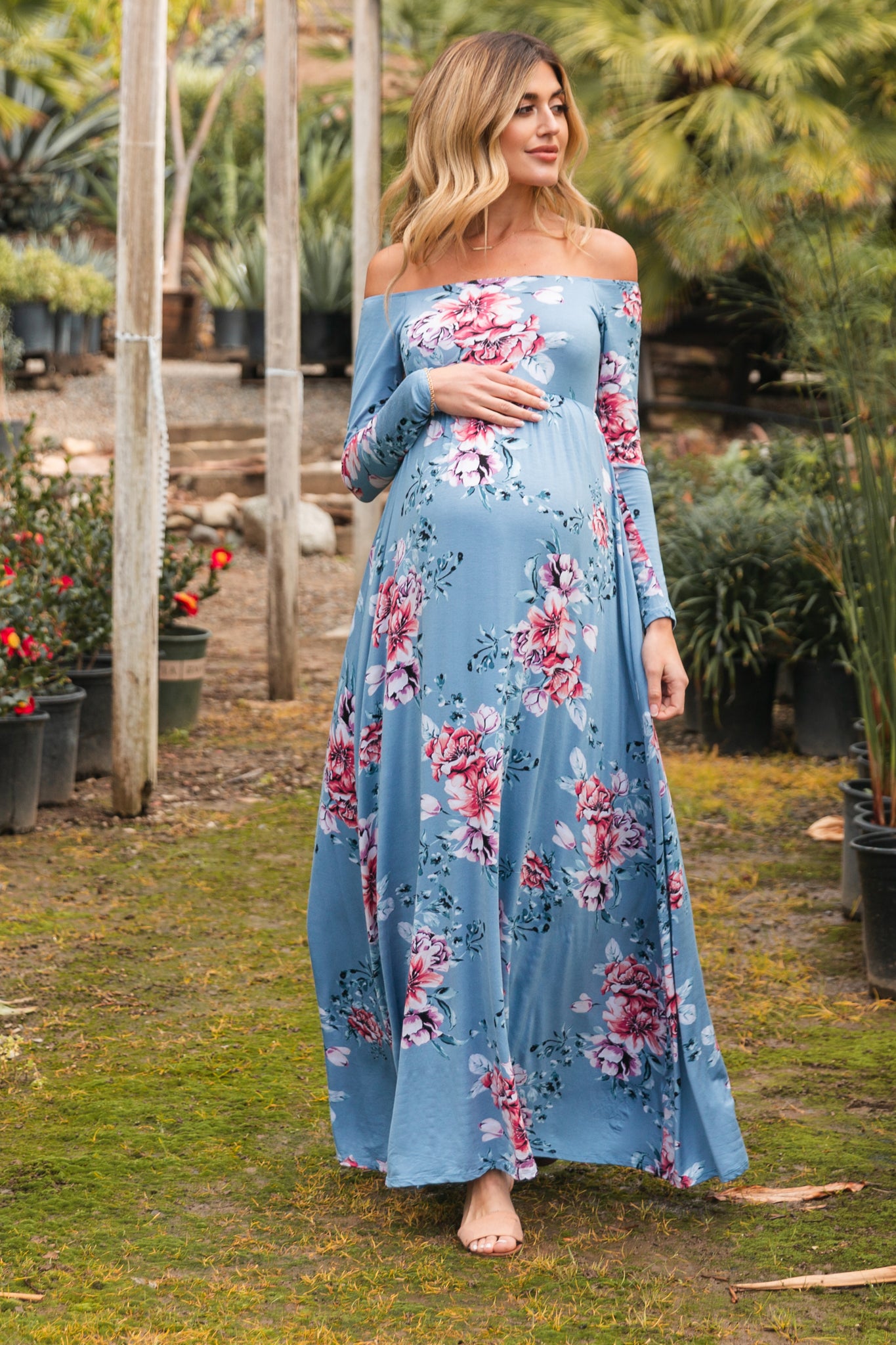 pink and blue dress maternity PinkBlush Light Blue Floral Off Shoulder Maternity Maxi Dress