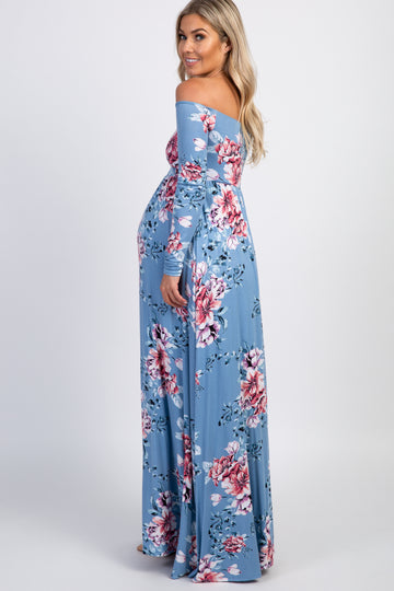 PinkBlush Light Blue Floral Off Shoulder Maternity Maxi Dress