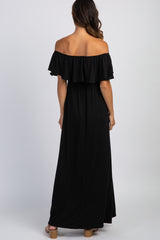 PinkBlush Black Off Shoulder Ruffle Trim Maternity Maxi Dress