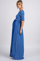 Royal Blue Striped Half Sleeve Maternity Maxi Dress