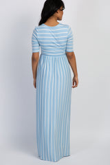 PinkBlush Light Blue Striped Half Sleeve Maternity Maxi Dress