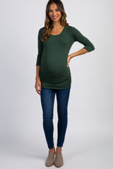 PinkBlush Olive Green Solid 3/4 Sleeve Ruched Maternity Top