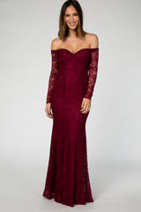 PinkBlush Burgundy Lace Off Shoulder Long Sleeve Maxi Dress