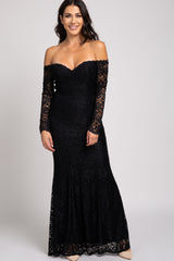 PinkBlush Black Lace Off Shoulder Long Sleeve Maxi Dress