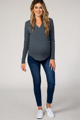 Olive Green Ribbed Cutout V-Neck Maternity Top