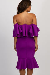 Purple Off Shoulder Ruffle Fitted Maternity Midi Dress
