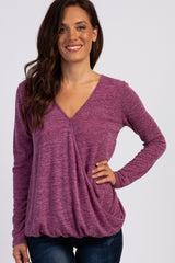 Burgundy Two-Tone Long Sleeve Maternity Wrap Top
