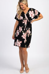 PinkBlush Black Floral Dolman Sash Tie Maternity Wrap Dress