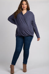 PinkBlush Navy Blue Draped Wrap Plus Maternity Nursing Top