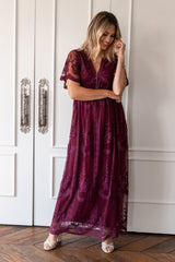 PinkBlush Deep Burgundy Lace Mesh Overlay Maternity Maxi Dress