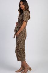 Brown Leopard Short Sleeve Tie Maternity Jumpsuit
