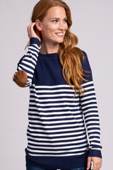 Navy Blue Striped Elbow Patch Knit Sweater