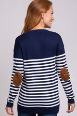 Navy Blue Striped Elbow Patch Knit Sweater