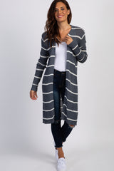 Charcoal Grey Striped Knit Long Maternity Cardigan