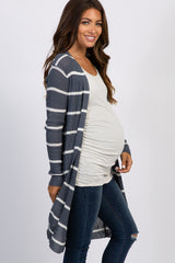 Charcoal Grey Striped Knit Long Maternity Cardigan
