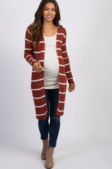 Rust Striped Knit Long Maternity Cardigan