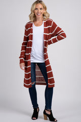 Rust Striped Knit Long Maternity Cardigan