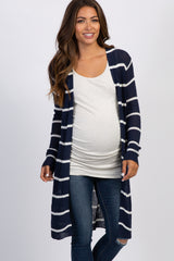 Navy Striped Knit Long Maternity Cardigan