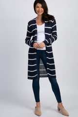 Navy Striped Knit Long Maternity Cardigan