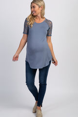 Blue Lace Sleeve Maternity Top