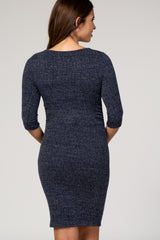 Navy Two-Tone Knit Ruched Maternity Dress