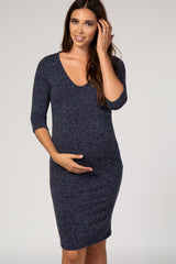 Navy Two-Tone Knit Ruched Maternity Dress