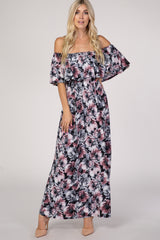 Navy Floral Off Shoulder Maxi Dress