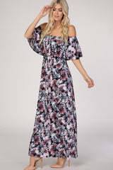 Navy Floral Off Shoulder Maternity Maxi Dress