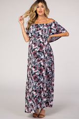 Navy Floral Off Shoulder Maternity Maxi Dress