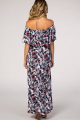 Navy Floral Off Shoulder Maternity Maxi Dress