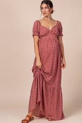 Pink Floral Puff Sleeve Maternity Maxi Dress