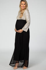 PinkBlush Gold Sequin Bodice Tulle Maternity Maxi Dress