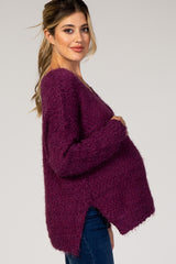 Purple Fuzzy V-Neck Hi-Low Maternity Sweater