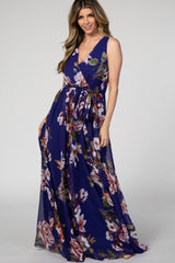 Navy Floral Sleeveless Maternity Maxi Dress