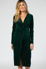 Green Velvet Knotted Plunge Maternity Dress