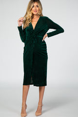 Green Velvet Knotted Plunge Maternity Dress
