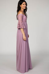 Mauve Lace Off Shoulder Evening Gown