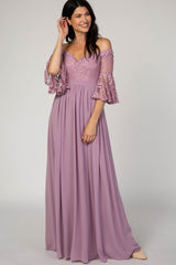 Mauve Lace Off Shoulder Evening Gown