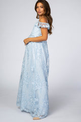 Light Blue Floral Embroidered Mesh Maternity Evening Gown