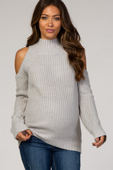 Grey Cold Shoulder Solid Color Maternity Sweater