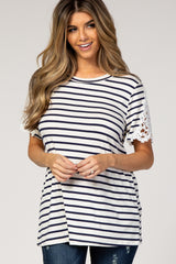 Navy Striped Crochet Sleeves Maternity Top