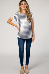 Navy Striped Crochet Sleeves Maternity Top