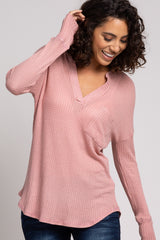 Mauve Waffle Knit V-Neck Long Sleeve Top