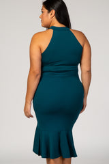 Forest Green Solid Halter Neck Mermaid Maternity Plus Fitted Dress