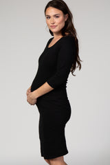 Black 3/4 Sleeve Scoop Neck Fitted Maternity Dress