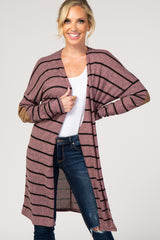Mauve Striped Suede Elbow Patch Cardigan
