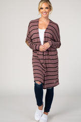 Mauve Striped Suede Elbow Patch Cardigan