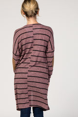 Mauve Striped Suede Elbow Patch Cardigan